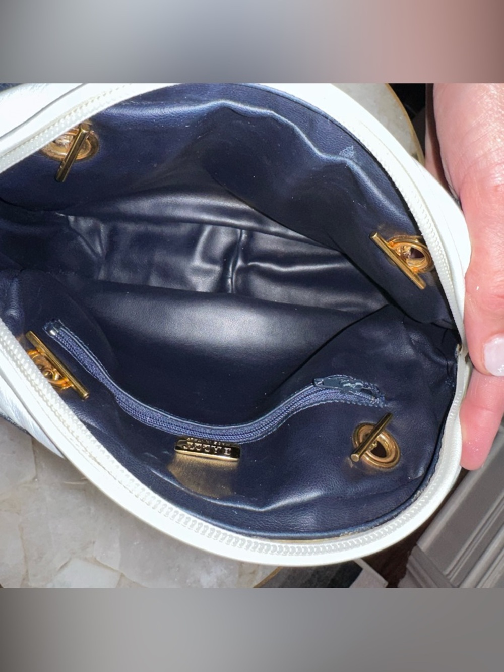 Bally Quilted Leather Camera Crossbody • White & Navy • Leather-Lined • Italy - Picture 4 of 15